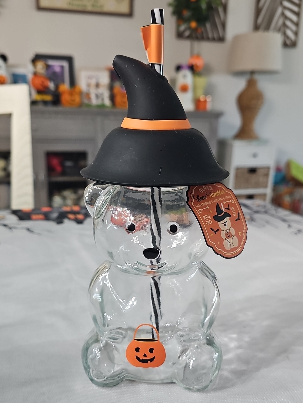 New! Halloween 19oz. Glass Bear Tumbler w/ Removable Witch Hat & Straw